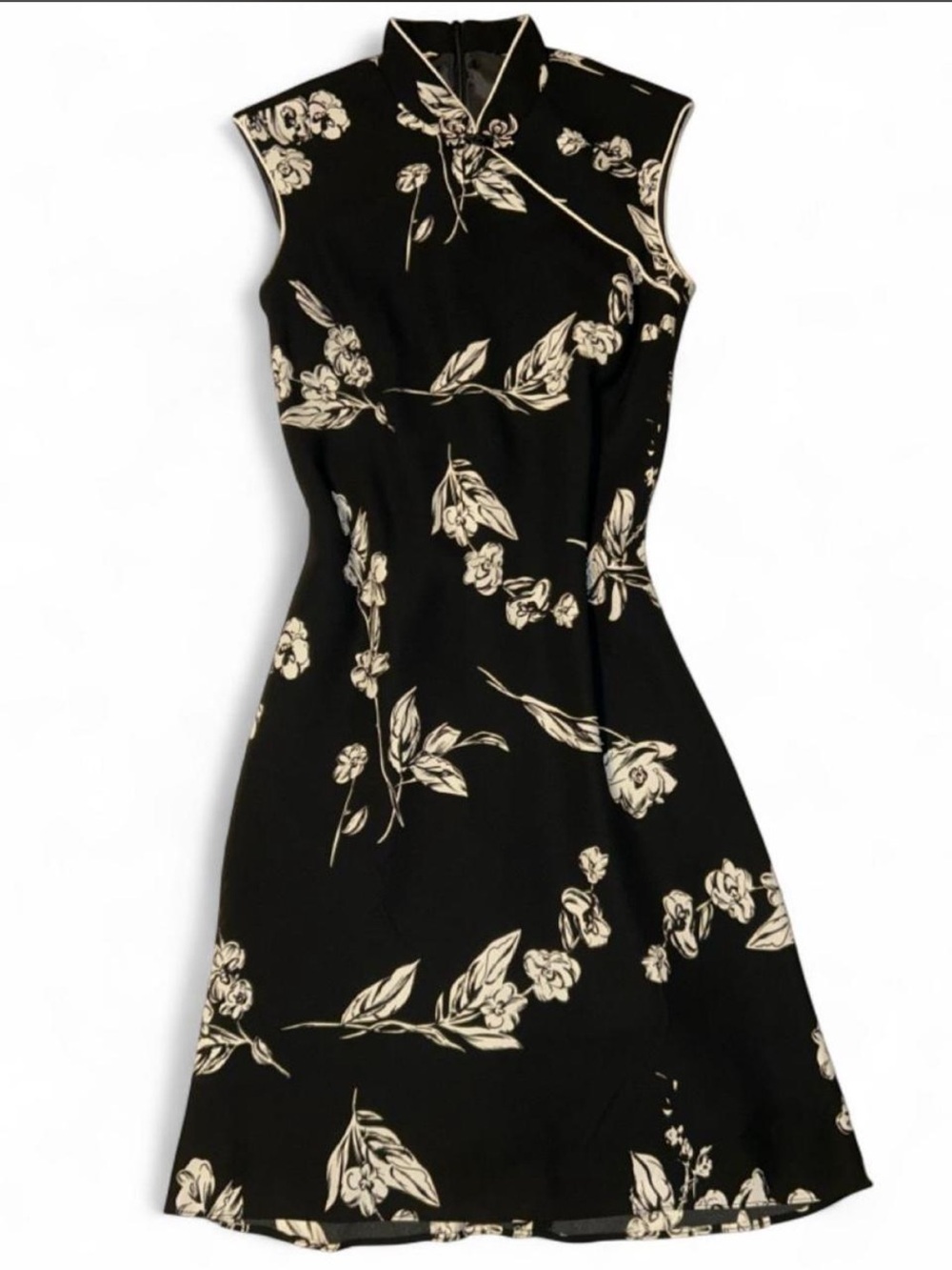 Vintage NWT Black/White Floral Evan-Picone Cheongsam-Style Midi Dress